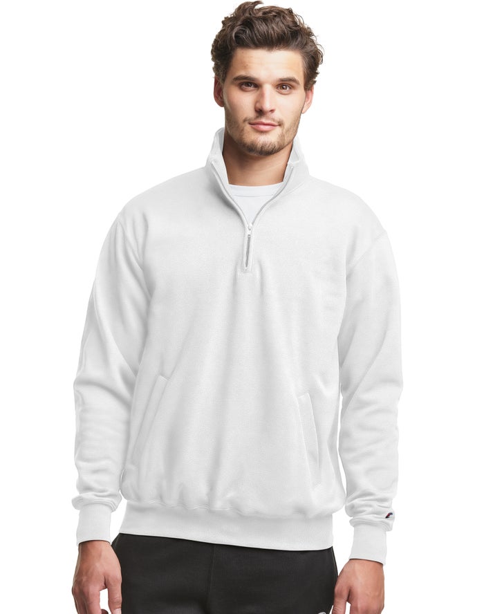 Champion Mens Sweatshirt NZ - Powerblend Fleece 1/4 Zip With Pockets White ( 2835-IJHXG )